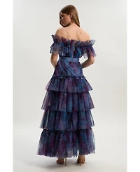 Karen Millen Women's Floral Tulle Off Shoulder Maxi Dress