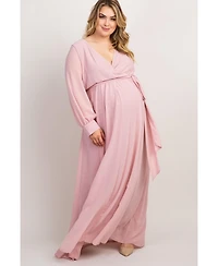 Pinkblush Plus Light Pink Chiffon Long Sleeve Pleated Maxi Dress