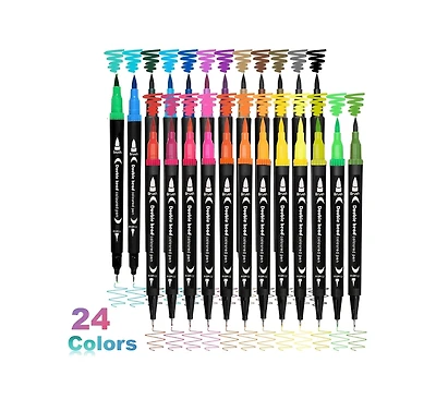 Htutwoo 24 Colors Brush Markers for Adult Coloring Books, Coloring Markers for Adults Lettering, Dual Tip Brush Pens