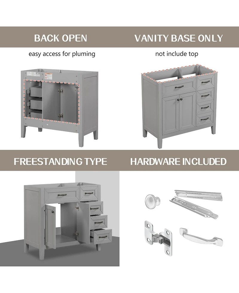 Casainc 36" Bathroom Vanity, Cabinet Base Only, with Drawers, Solid Frame and Mdf Board