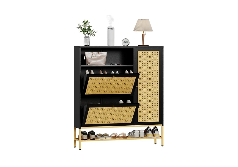 Aecojoy Shoe Storage Cabinet with 2 Flip Drawers - Hidden Organizer for Entryway, Metal Rack Door & Open
