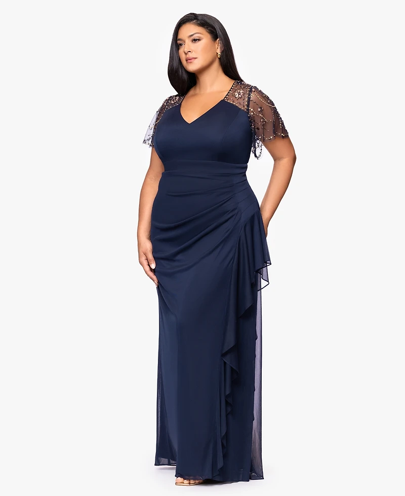 Xscape Plus Beaded Flutter Short Sleeves Sheath Dress