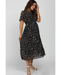 Pinkblush Maternity Teal Floral Pleated Chiffon Midi Dress