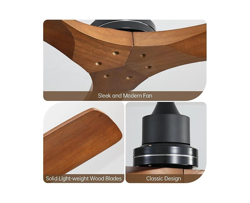 52-inch Modern Black 3 Blades Walnut Ceiling Fan with 6 Speed Remote control and Timing and Forward Reverse Rotation Function for Indoor