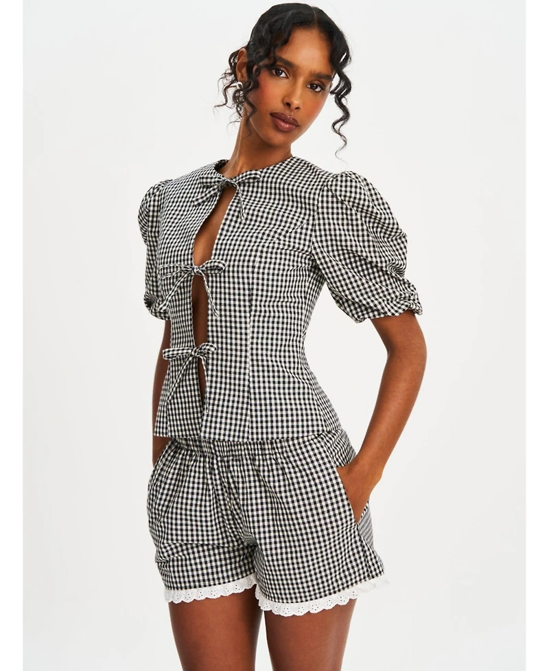 Miss Circle Women's Qusayla Black Gingham Bubble Sleeve Bowtie Top