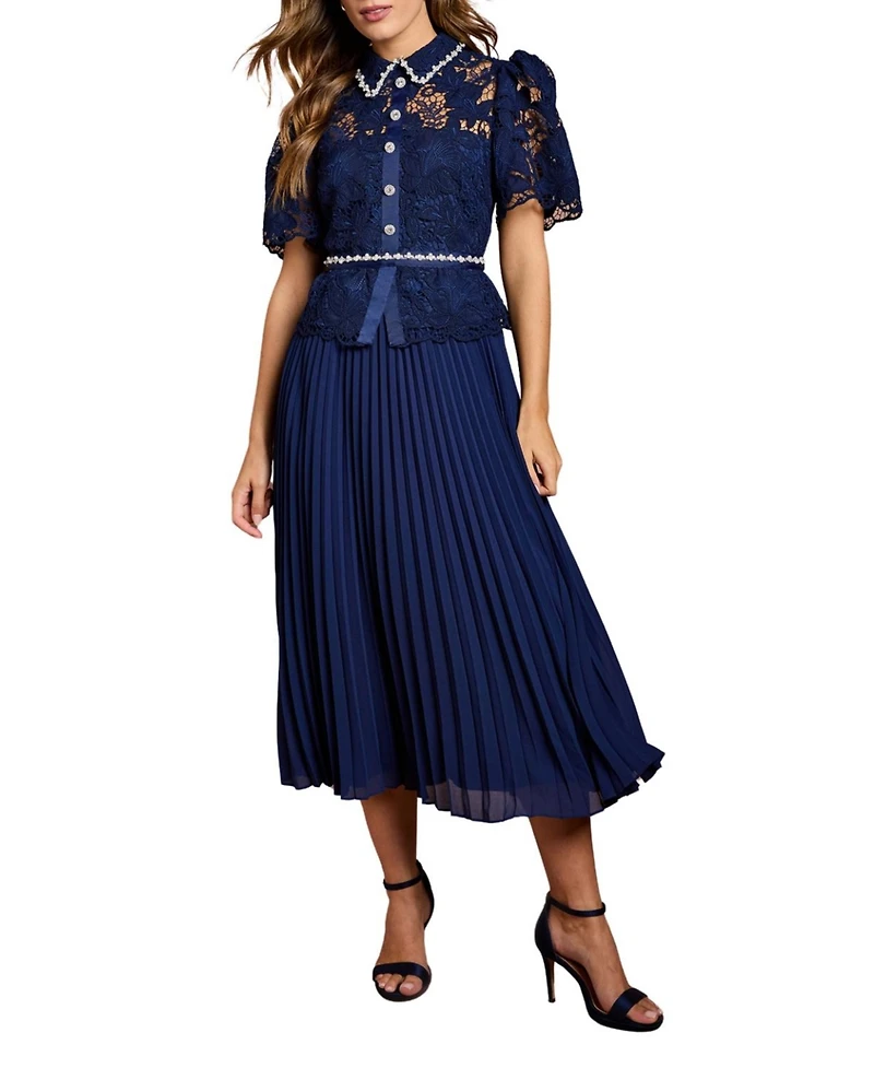 Coast Women's Lace Top Pleat Skirt Jewel Button Dress