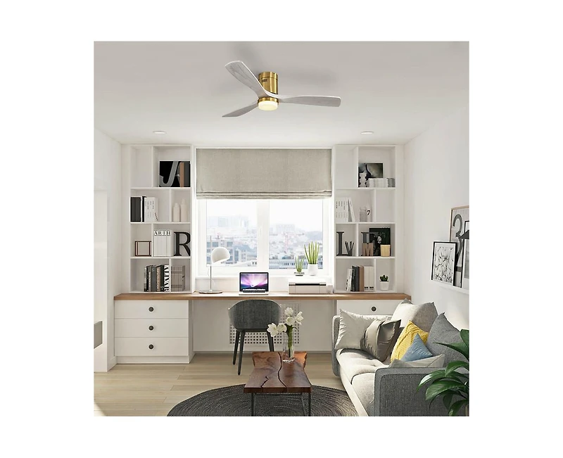 52-inch Modern Golden 3 Solid Wood Blades Flush Mount Tri color Adjustable Ceiling Fan Light with Remote Control