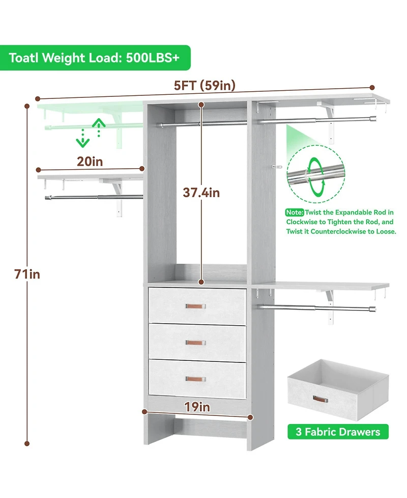 Aheaplus 5FT Small Closet Organizer System with 3 Fabric Drawers, 60" Shelving Towers