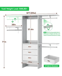 Aheaplus 5FT Small Closet Organizer System with 3 Fabric Drawers, 60" Shelving Towers