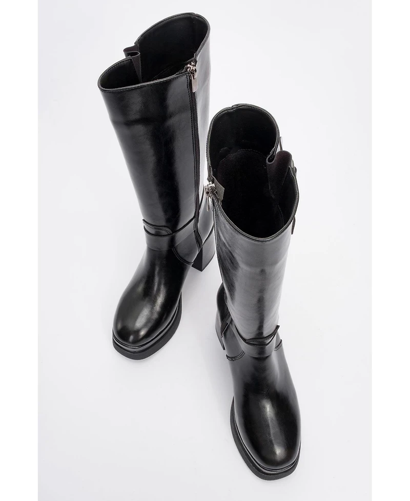 Prologue Shoes Rock Buckle Zip Block Heel Boot (Women)