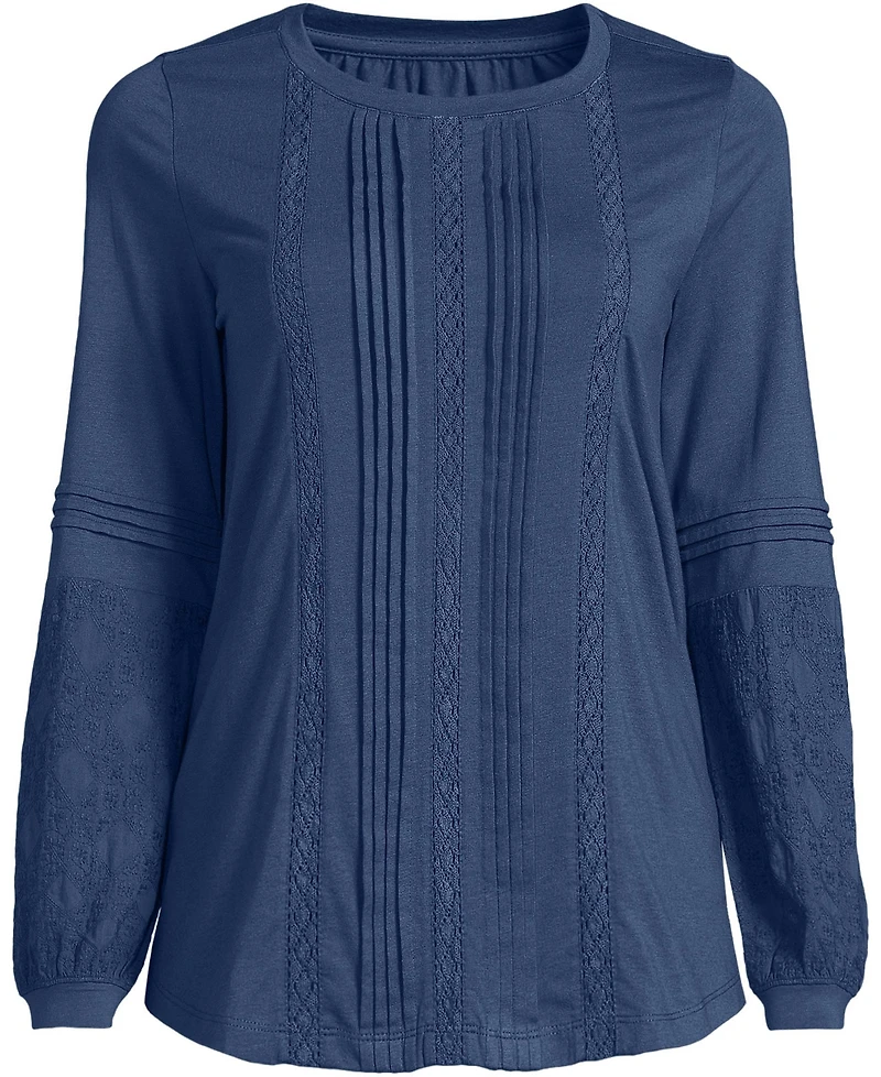 Lands' End Plus Lightweight Jersey Lace Mix Long Sleeve Pintuck Top