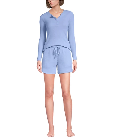 Lands' End Women's Brushed Cozy Waffle 2 Piece Pajama Set - Long Sleeve Top and Shorts