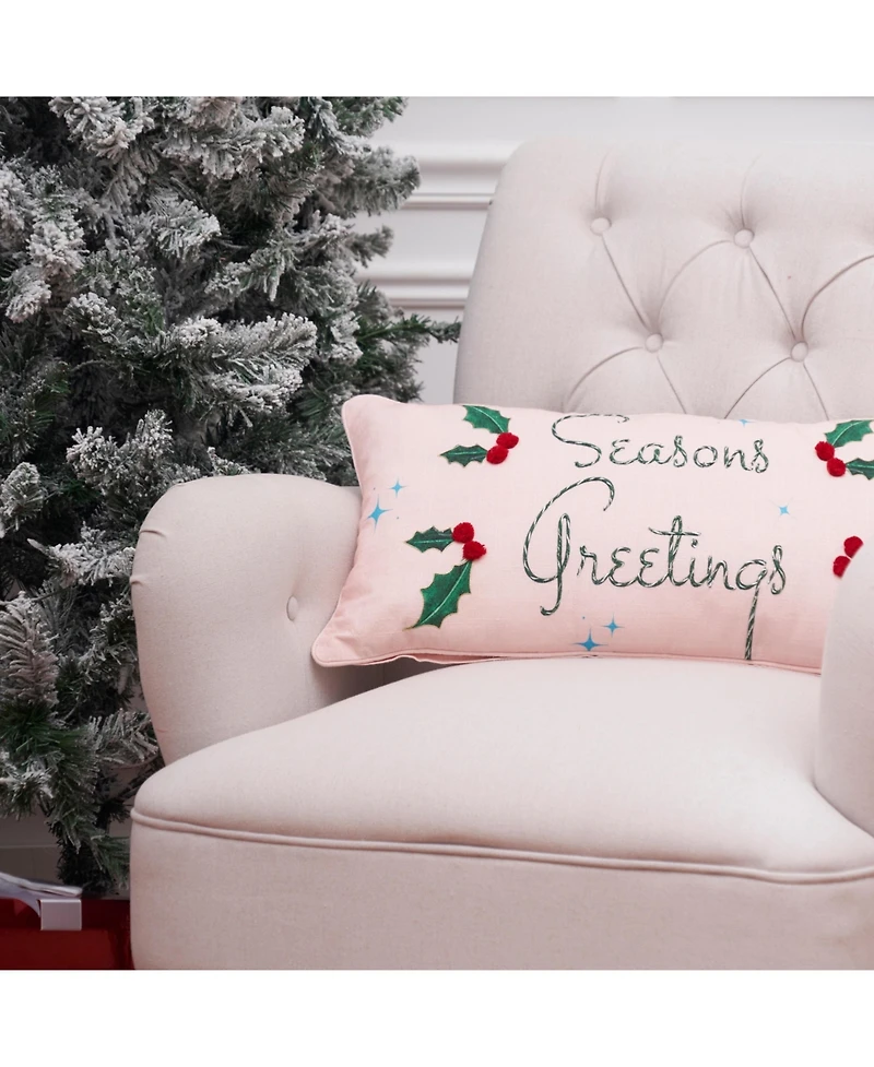 Holly Leaves & Berries "Seasons Greetings" Cotton Blend Accent Pillow 12" x 24"