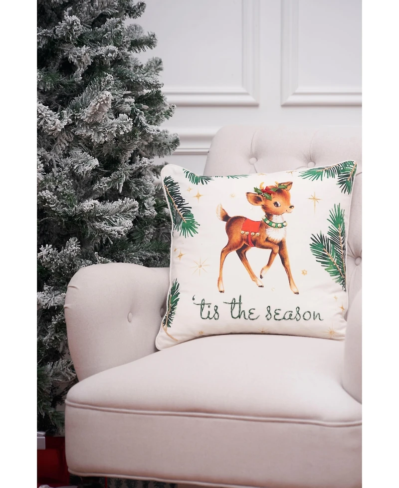 "Tis the Season" Vintage Baby Reindeer Cotton Blend Christmas Accent Throw Pillow 18" x 18"