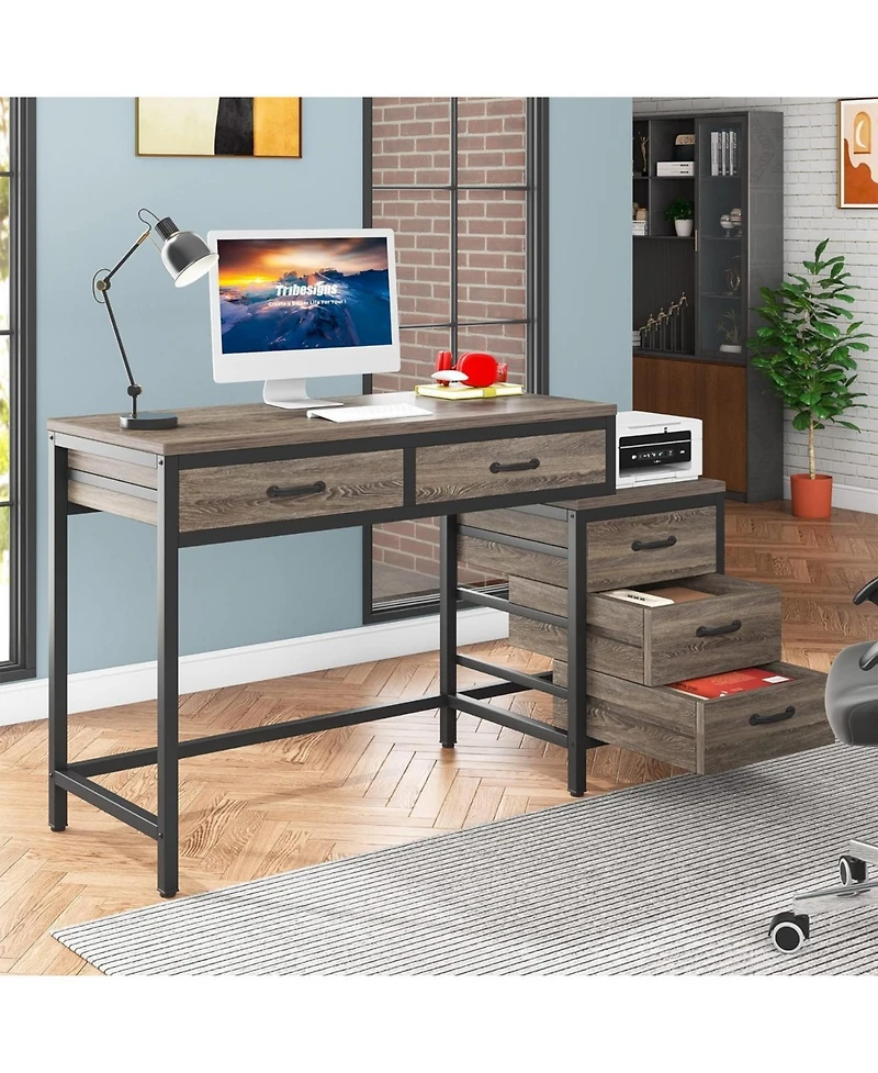 Tribesigns Computer Desk with 5 Drawers, Home Office Desks with Reversible Drawer Cabinet Printer Stand, Rustic Study Writing Table Workstation