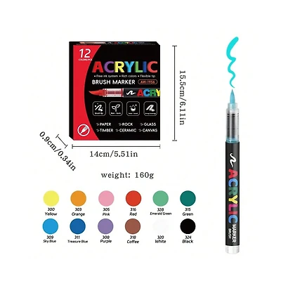 Htutwoo 12 Vivid Colors, Acrylic Paint Markers Brush Tip, with Direct-Liquid Ink System,for Rock Painting, Plastic, Fabric and Creative Crafts