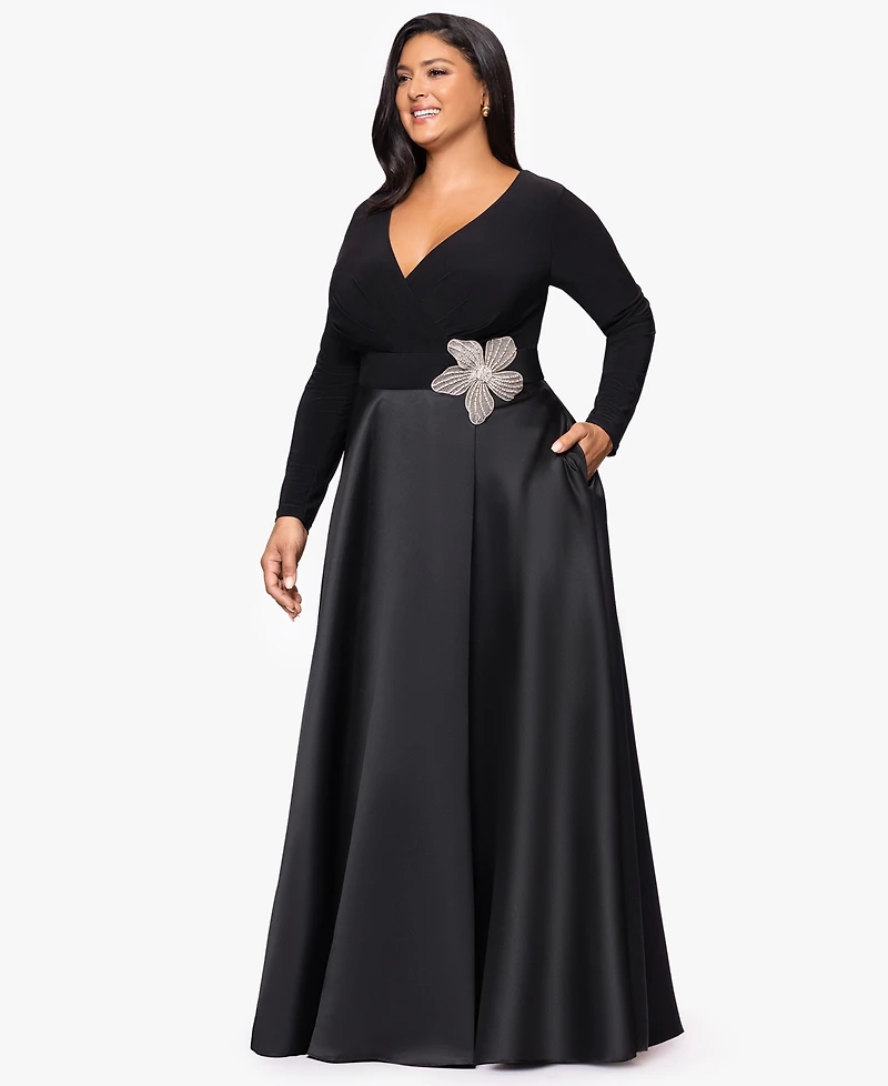 Xscape Plus Embellished Detail Long Sleeves Dress