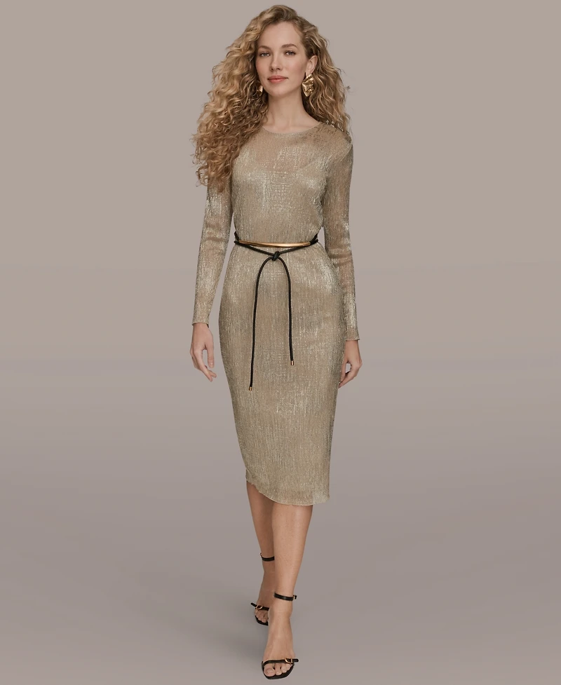 Donna Karan New York Women's Foil Mesh Belted Midi Dress