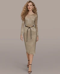 Donna Karan New York Women's Foil Mesh Belted Midi Dress