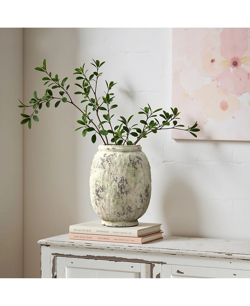LuxenHome Antique Terracotta Vase, 10-Inch Tall Off-White Pot with Mossy Green Patina, Rustic Decor