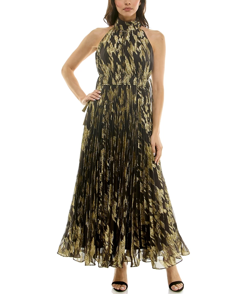 Taylor Women's Sunburst Pleated Mock Neck Dress