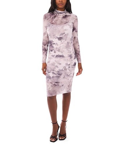 1.state Women's Printed Long Sleeve Mock Neck Dress