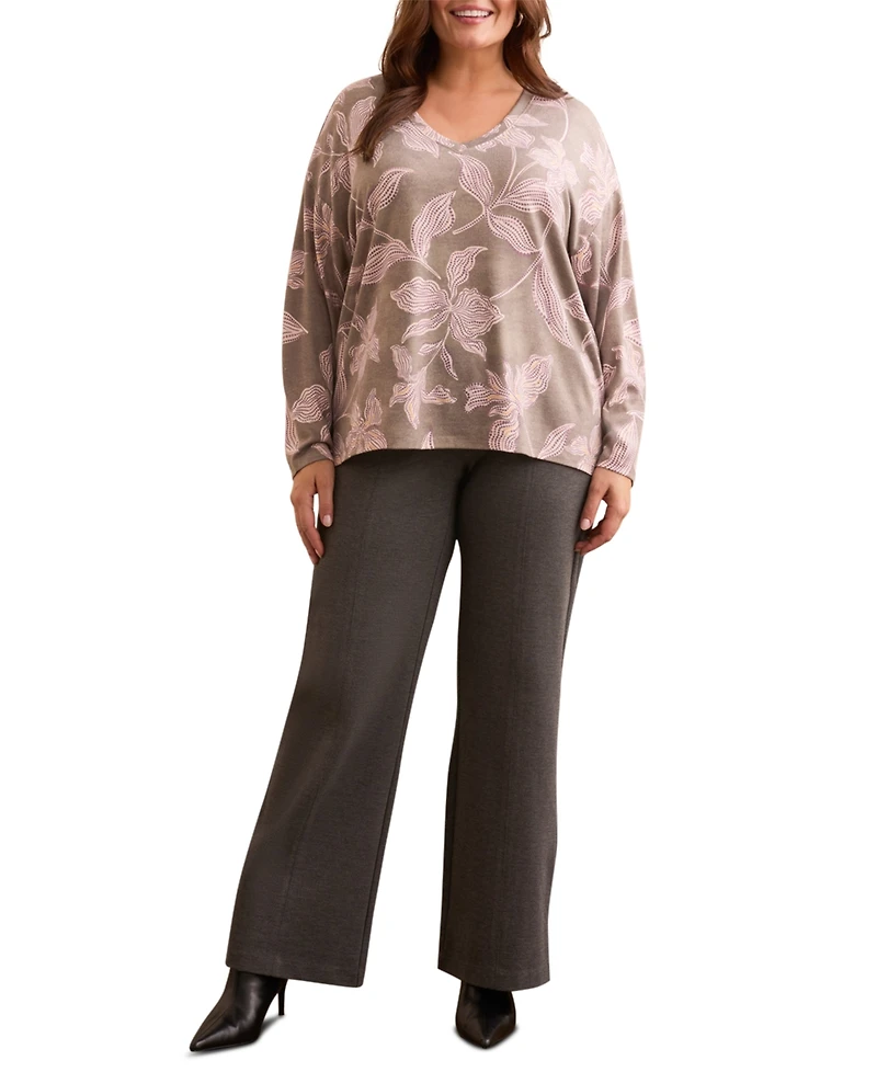 Tribal Plus Fuzzy Soft V-Neck Combo Print Knit Top