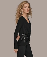 Donna Karan New York Women's Floral Detail Long Sleeves Relaxed Top