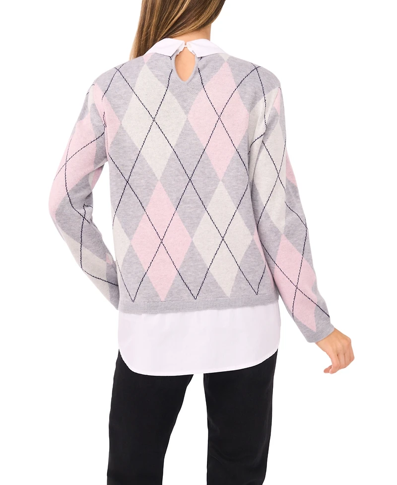 CeCe Women's Argyle Collared Long Sleeve Twofer Sweater