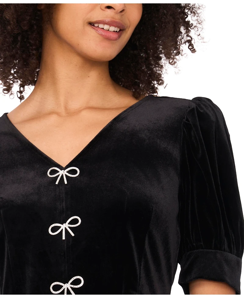 CeCe Women's Velvet Bow Short Sleeve V -Neck Top