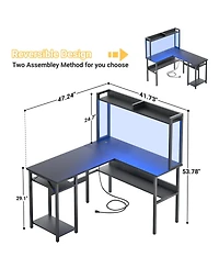 L Shaped Desk with Hutch, Led Lights, Reversible Corner Power Outlet