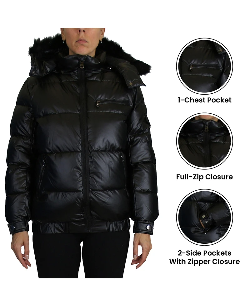 Spire By Galaxy Women's Full Zip Heavyweight Bubble Jacket With Detachable Faux Fur Hood