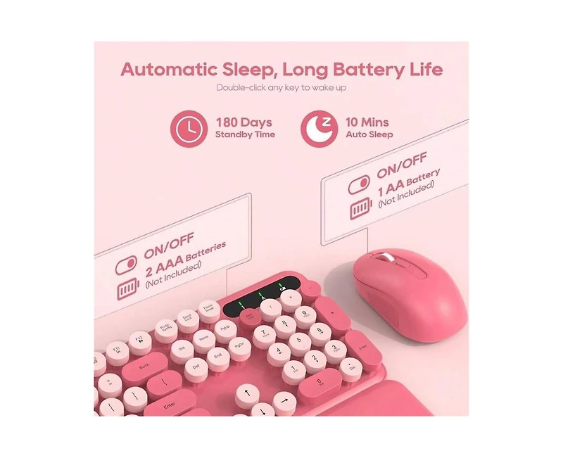 risokeys Wireless Keyboard and Mouse Combo - Round Keycaps, 2.4GHz Full-Size Keyboard with Detachable Wrist Rest, Sleep Mode Tilt, Pc