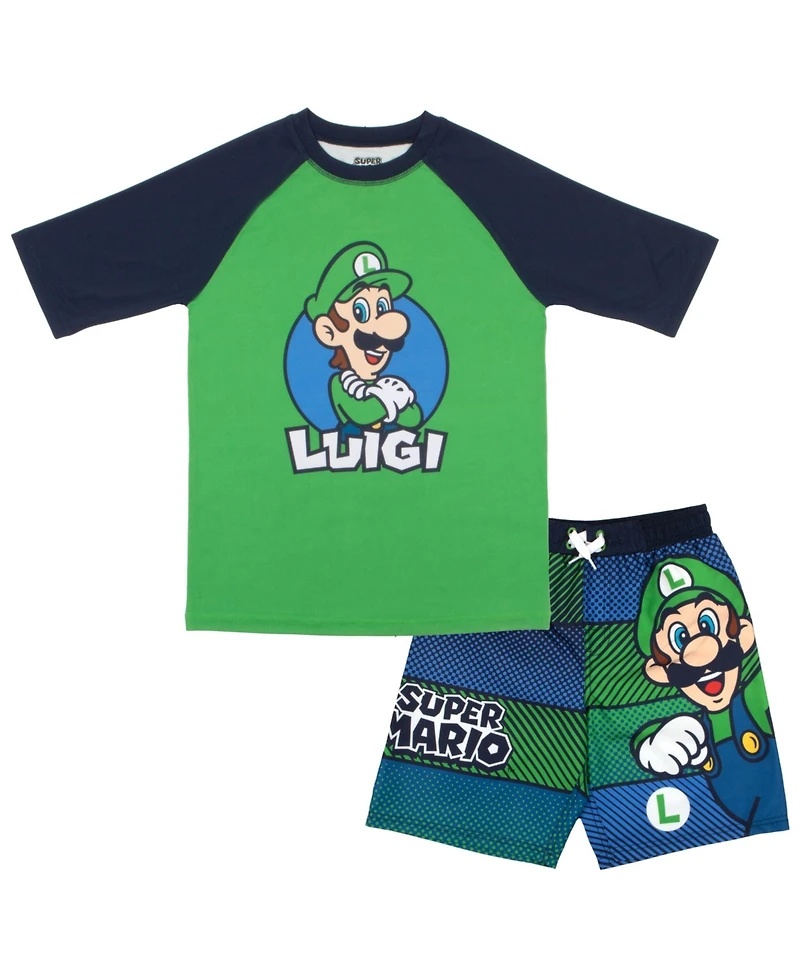 Mario Little Boys Super Luigi Short Sleeve T-Shirt and Trunks Swim Outfit Set
