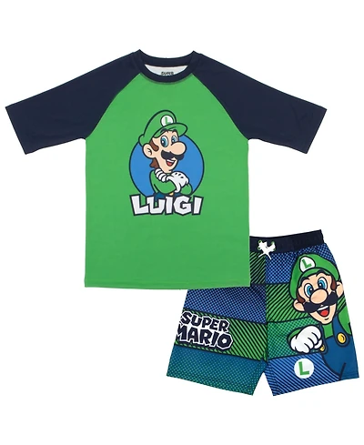 Mario Little Boys Super Luigi Short Sleeve T-Shirt and Trunks Swim Outfit Set