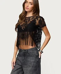 Edikted Women's Kira Sheer Lace Fringe Top