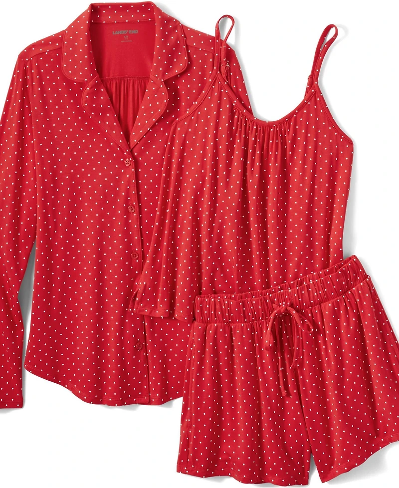 Lands' End Women's Cooling 3 Piece Pajama Set - Long Sleeve Top Cami and Shorts