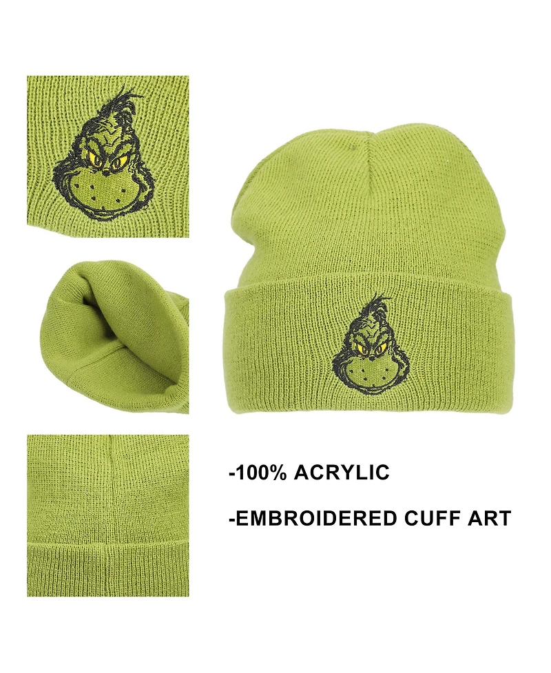 The Grinch Men's Embroidery Green Acrylic Yarn Standard Cuff Beanie