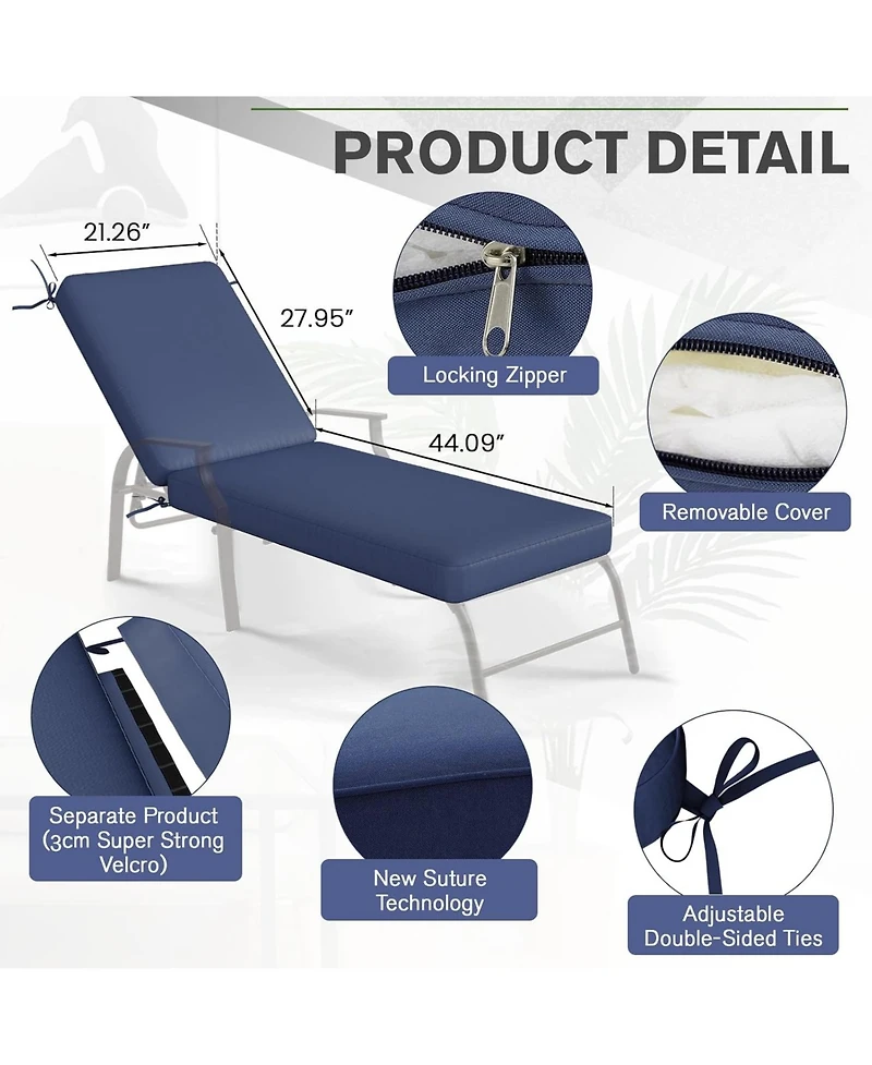 Aecojoy Chaise Lounge Cushions Outdoor Set of 2, 72x21x4 Inch Chair Cushion, Fade Resistant Patio Sun Lounger Replacement