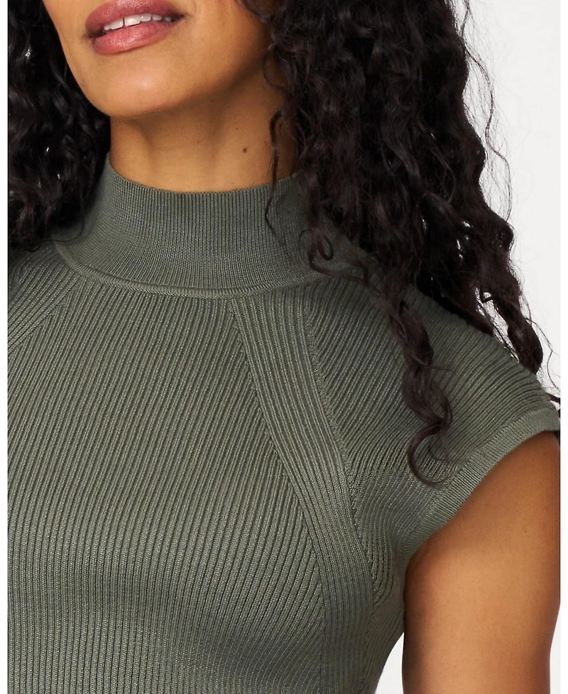 Cable & Gauge Women's Ribbed Mockneck Cap Sleeve Sweater