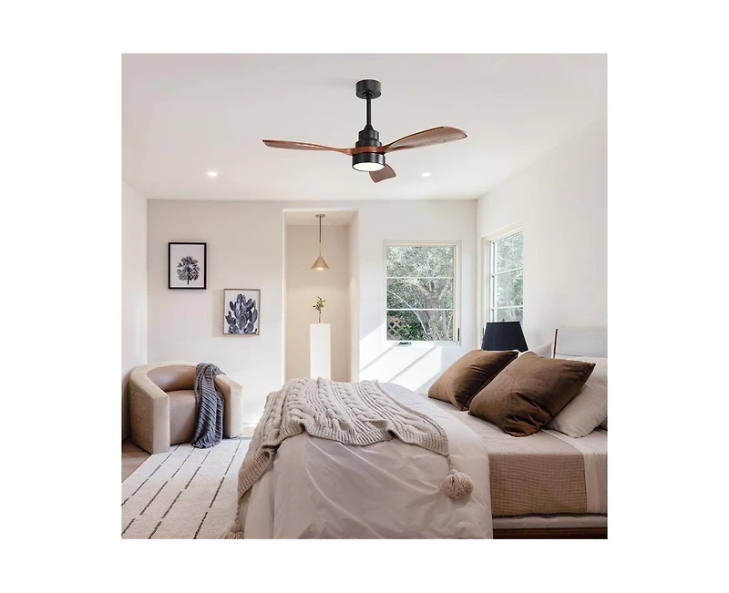 48-inch Modern Downrod Indoor Walnut Wood 3-Blade Led Ceiling Fan Light with Remote Control Support Six Speed Ajustable