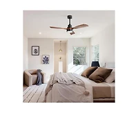 48-inch Modern Downrod Indoor Walnut Wood 3-Blade Led Ceiling Fan Light with Remote Control Support Six Speed Ajustable