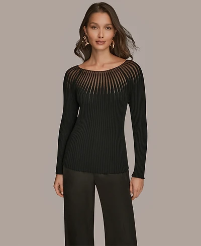Donna Karan New York Women's Collared Knit Long Sleeve Boat Neck Sweater