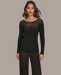 Donna Karan New York Women's Collared Knit Long Sleeve Boat Neck Sweater