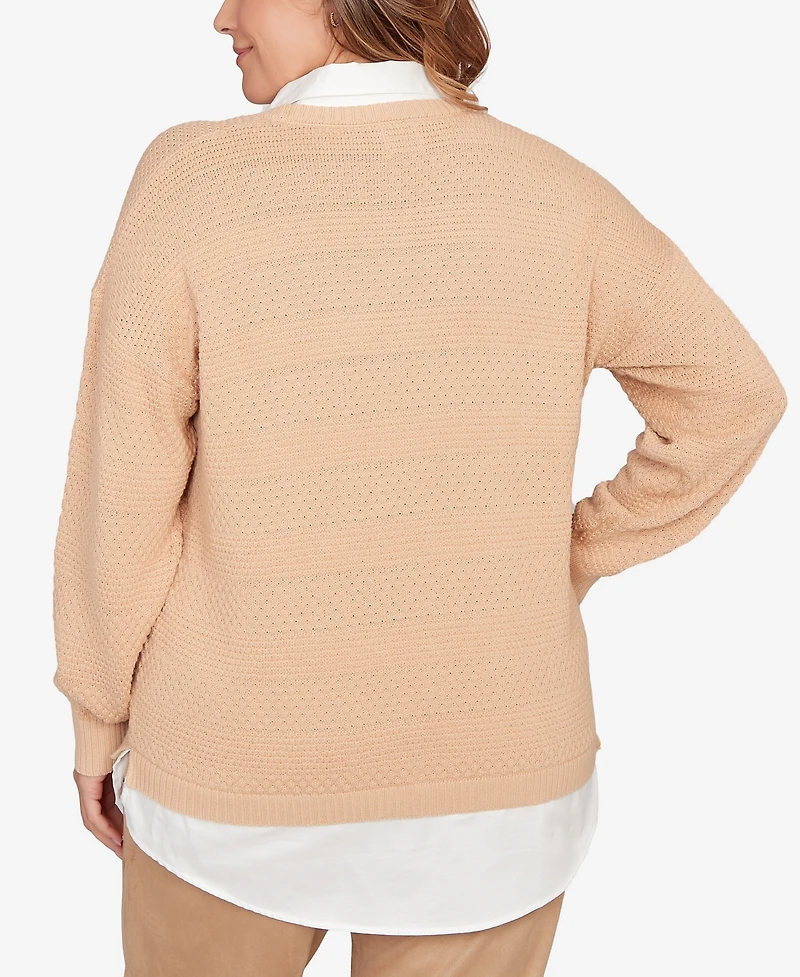 Hearts Of Palm Plus Solid Textured Stripe Two Fer Sweater