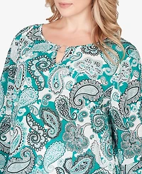 Hearts Of Palm Plus Printed Woven Crinkle 3/4 Sleeve Top