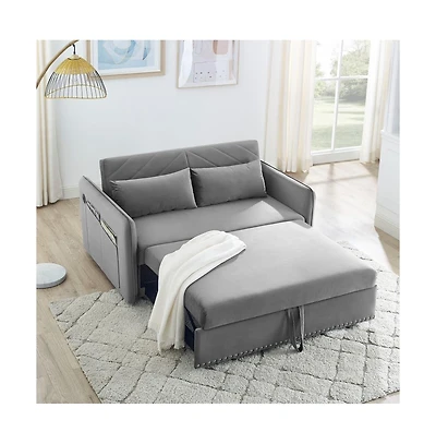 55'' Pull-Out Sleeper Sofa Bed with Usb Ports, Adjustable Backrest, Velvet 2-Seater Couch Side Pockets & Pillows-Maison Boucle