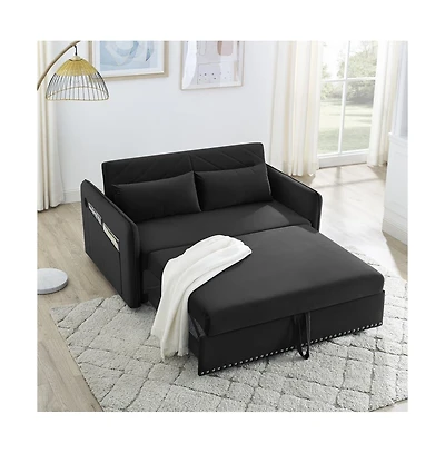 55'' Pull-Out Sleeper Sofa Bed with Usb Ports, Adjustable Backrest, Velvet 2-Seater Couch Side Pockets & Pillows-Maison Boucle
