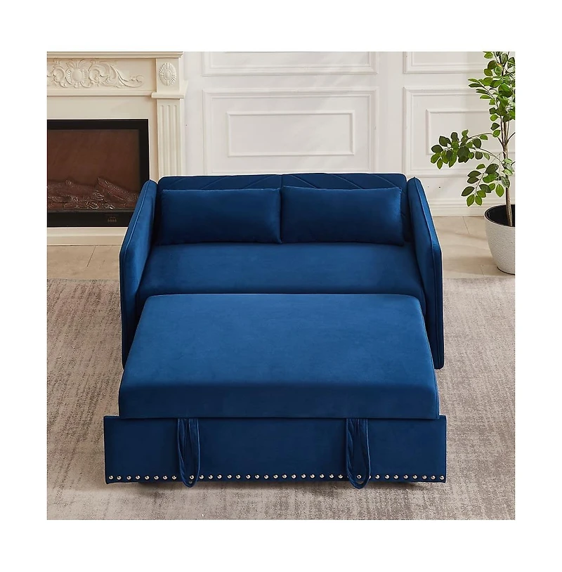 55'' Pull-Out Sleeper Sofa Bed with Usb Ports, Adjustable Backrest, Velvet 2-Seater Couch Side Pockets & Pillows-Maison Boucle