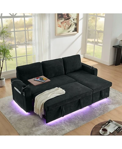 Maison Boucle Modern Chenille Pull-Out Sofa Bed with Led Lights, Usb Ports & Cup Holders, Sleeper Couch Storage for Living Room-Maison